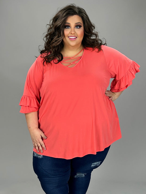 13 SQ {My Life In Coral} Coral Caged Neck Top CURVY BRAND!!!  EXTENDED PLUS SIZE 4X 5X 6X