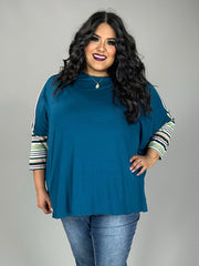 19 CP {Ready To Love} Dark Teal Top w/Striped Sleeves PLUS SIZE 1X 2X 3X