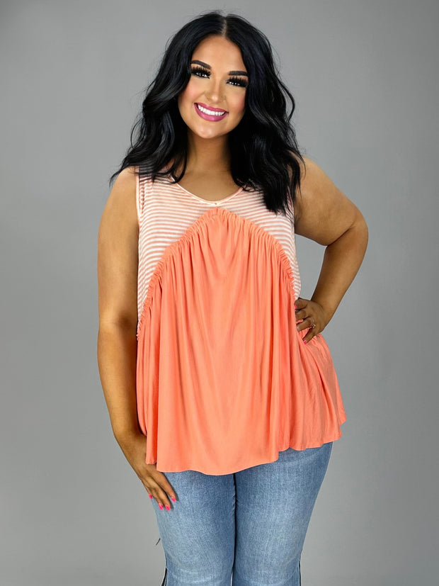 98 SV-D {All For Fun} Salmon Stripe Print Top PLUS SIZE 1X 2X 3X