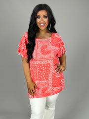 60 PSS {Devoted To You} Coral Paisley Print Ruffle Sleeve Top PLUS SIZE XL 2X 3X