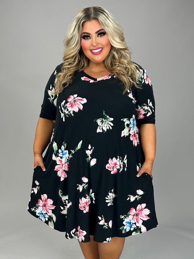 47 PSS {Sweet Attention} Black/Pink Floral V-Neck Dress EXTENDED PLUS SIZE 3X 4X 5X