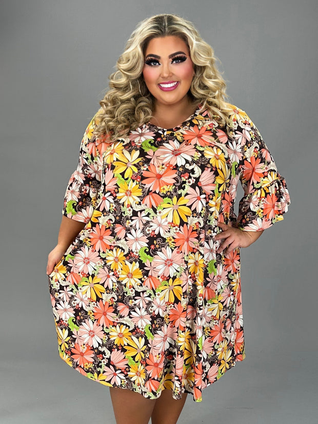 63 PSS {Finished With Love} Mustard/Brown Floral Dress EXTENDED PLUS SIZE 4X 5X 6X