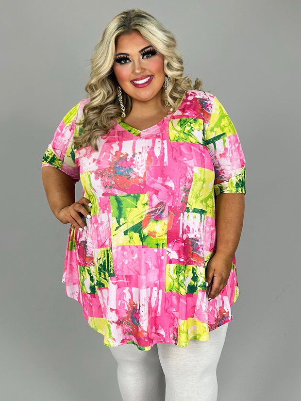 61 PSS {Sweet Symphony} Pink Mixed Print V-Neck Tunic EXTENDED PLUS SIZE 4X 5X 6X