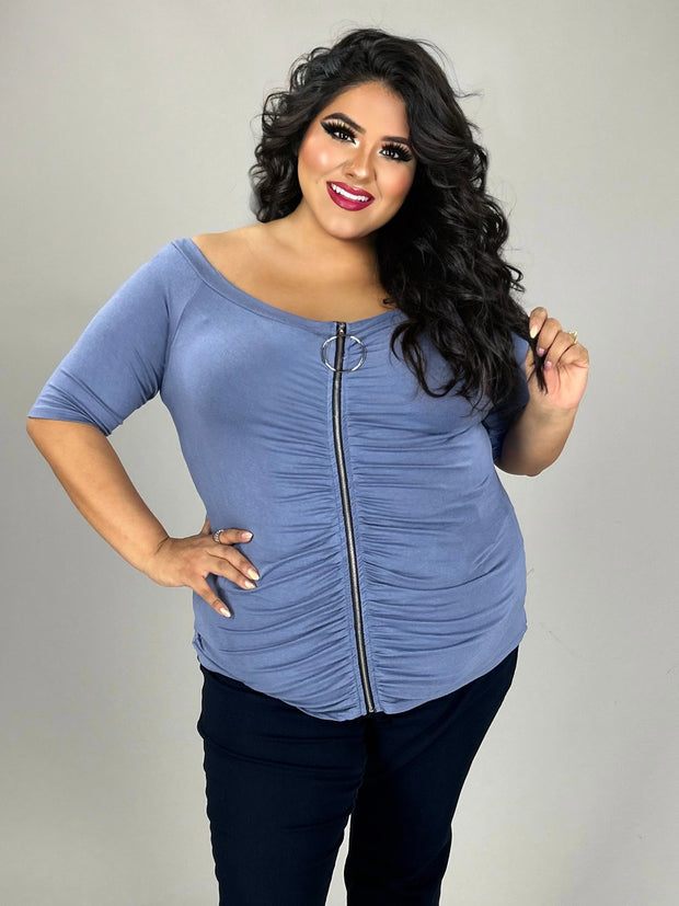 42 OS {What About You} Blue Zip Front Off Shoulder Top 1X 2X 3X
