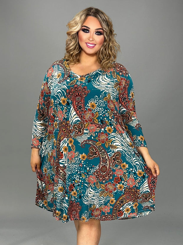 59 PQ {Path To Change} Teal Paisley V-Neck Dress EXTENDED PLUS SIZE 3X 4X 5X