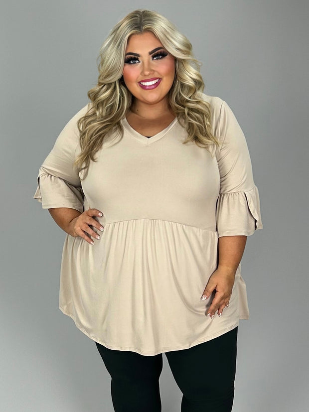 73 SQ {Capture Simplicity} Lt. Taupe V-Neck Babydoll Top EXTENDED PLUS SIZE 3X 4X 5X