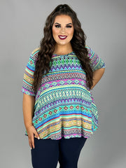 66 PSS {Always Happy} Blue/Multi-Color Geo Print V-Neck Tunic EXTENDED PLUS SIZE 3X 4X 5X