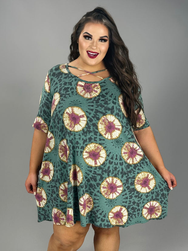 57 PSS-C {Feeling Superior} Teal Criss Cross Tie Dye Dress  EXTENDED PLUS SIZE 3X 4X 5X