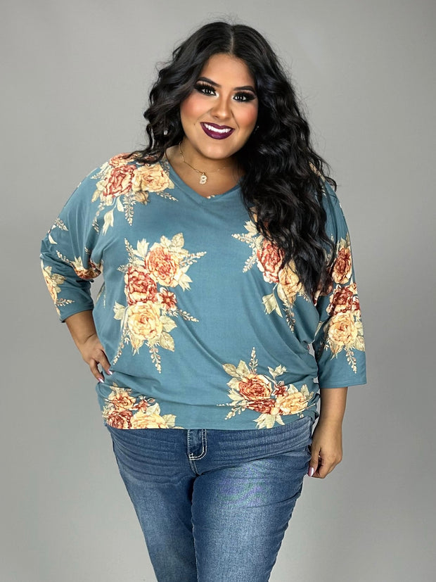 15 PSS-Q {Enjoy The Little Things} Dusty Blue Floral V-Neck Top EXTENDED PLUS SIZE 3X 4X 5X