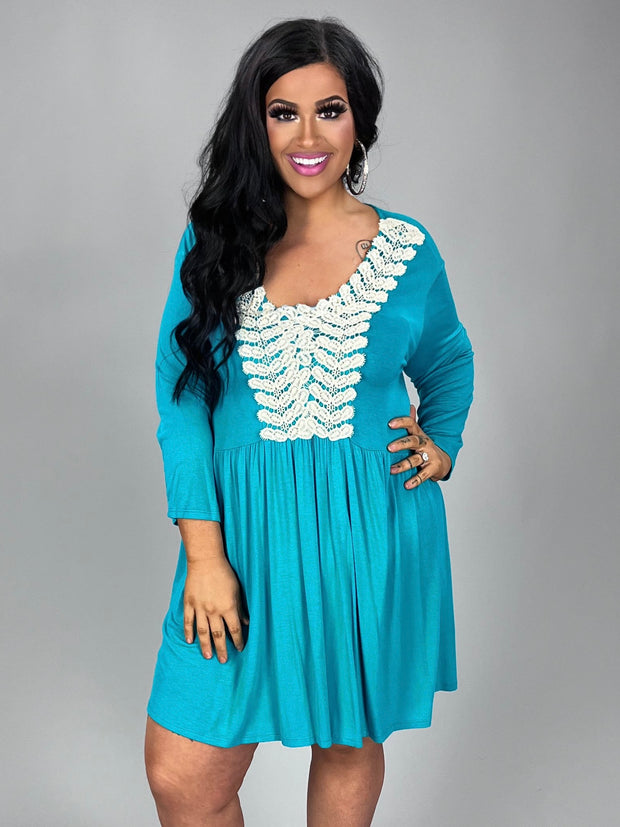 SD-Z {Be The Light} Teal Tunic Dress with Crochet Detail