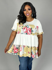 46 CP-A {How About It} Ivory Floral Print Tiered Top PLUS SIZE XL 2X 3X