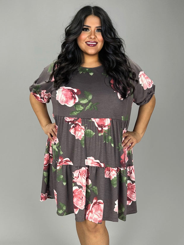 33 PSS-B {Blooming With Style} Grey Floral Tiered Dress EXTENDED PLUS SIZE 3X 4X 5X