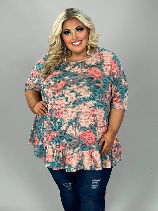 61 PSS {Muted Leopard} Pink/Teal Ruffle Hem Top EXTENDED PLUS SIZE 4X 5X 6X