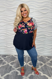 11 HD-E {Floral Influence} Navy Floral/Stripe Hoodie PLUS SIZE 1X 2X 3X