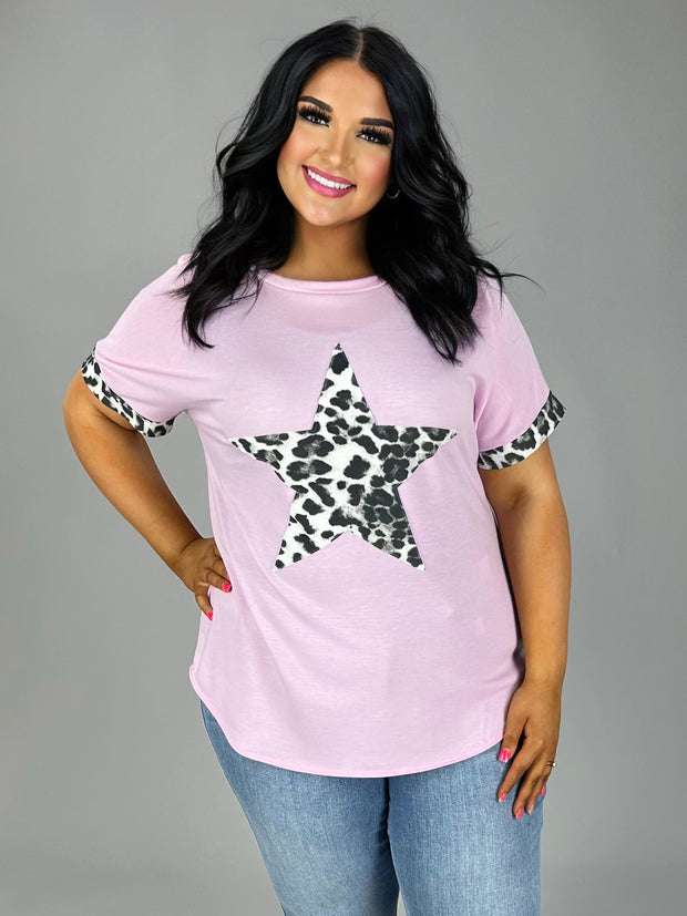 63 CP-H {You're A Star} Pink Top with Leopard Star PLUS SIZE XL 2X 3X