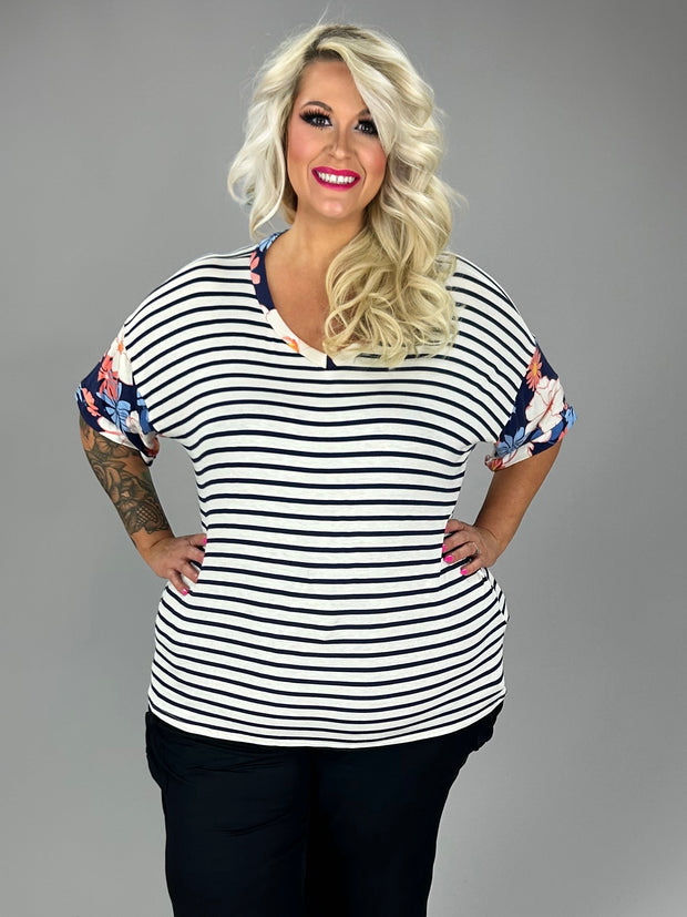 26 CP-O {Everyday Comfy} Navy Stripe Floral Top PLUS SIZE 1X 2X 3X