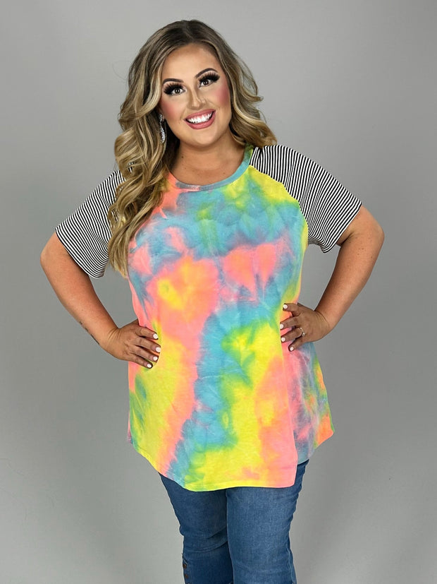 33 CP-P {All I Know} Neon Coral Tie Dye Stripe Sleeve Top PLUS SIZE XL 2X 3X