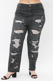 LEG-99 Cuteness Calling} VOCAL Dark Distressed Pearl  Embellished Jeans PLUS SIZE XL 2X 3X