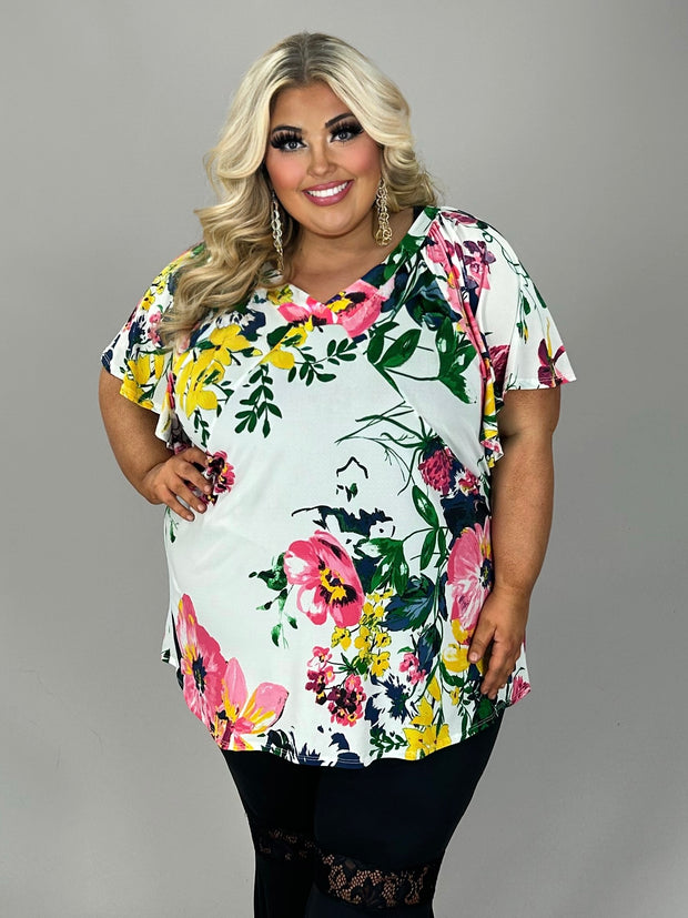 46 PSS {Growing & Glowing} Ivory Floral V-Neck Top EXTENDED PLUS SIZE 4X 5X 6X