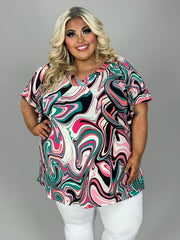 45 PSS {Swirl Envy} Teal/Pink Swirl Print V-Neck Top EXTENDED PLUS SIZE 4X 5X 6X