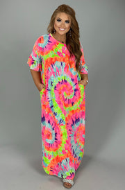 LD-R & I {Yes Please} Neon Multi-Color Tie Dye Maxi Dress PLUS SIZE 1X 2X 3X