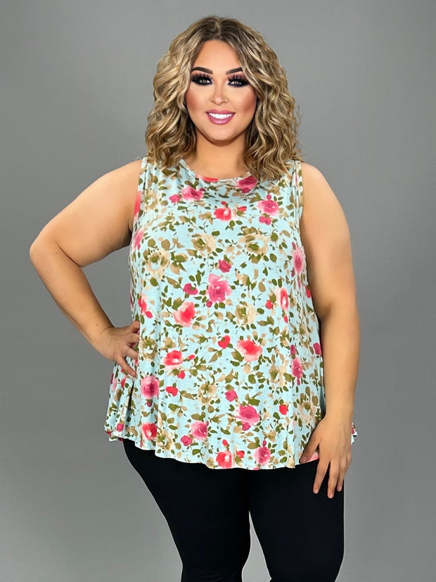 25 SV-H {Flowers Make Me Happy} Mint Floral Sleeveless Top PLUS SIZE XL 2X 3X