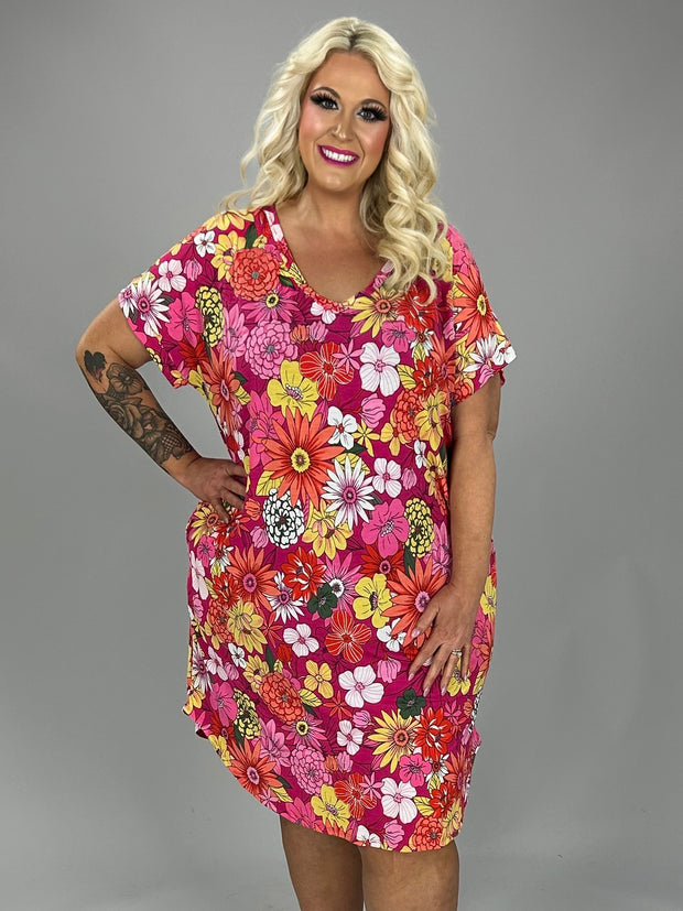 99 PSS {Obsessed With Flowers} Fuchsia Floral V-Neck Dress PLUS SIZE XL 2X 3X