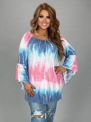 26 PQ-C {Rooting For You} Pink/Blue Tie Dye Top PLUS SIZE 1X 2X 3X