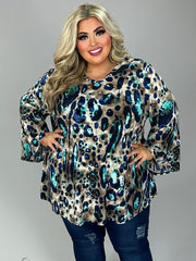 26 PQ {Confidence Is Everything} Taupe/Navy Print V-Neck Tunic EXTENDED PLUS SIZE 3X 4X 5X