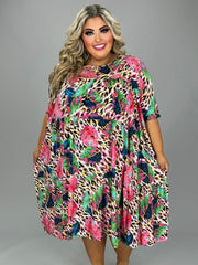 47 PSS-A {Blissful Break} Multi-Color Leaf Print Tiered Dress EXTENDED PLUS SIZE 3X 4X 5X