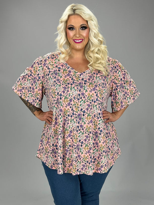 34 PSS {Timed It Right} Pink Floral V-Neck Top PLUS SIZE XL 2X 3X