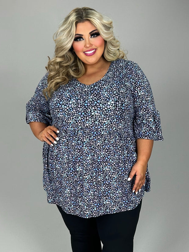 50 PQ {Little Flowers} Blue Ditzy Floral Babydoll Top EXTENDED PLUS SIZE 3X 4X 5X