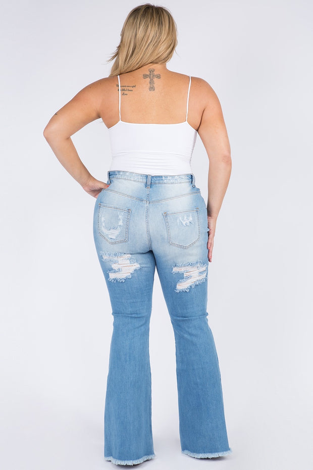 LEG-100  {The Map} Med. Blue Distressed Flare Jeans PLUS SIZE 1X 2X 3X