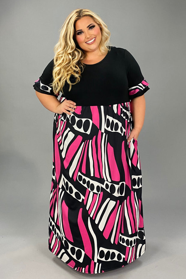 LD-M {Forever Stunning} Black/Fuchsia Print Maxi Dress EXTENDED PLUS SIZE 3X 4X 5X