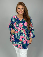 17 PQ-E {Paradise Has Arrived} Navy Floral V-Neck Top PLUS SIZE XL 2X 3X