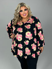 42 PQ {Every Rose} Black/Pink & Yellow Rose Print Top EXTENDED PLUS SIZE 3X 4X 5X