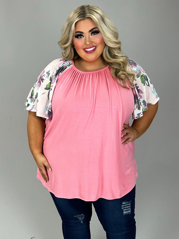 25 CP {Dating Around Floral} Pink Top w/Floral Sleeves EXTENDED PLUS SIZE 4X 5X 6X