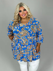 28 PQ-B {Need To Hear It} Blue Paisley Print Babydoll Top EXTENDED PLUS SIZE 3X 4X 5X