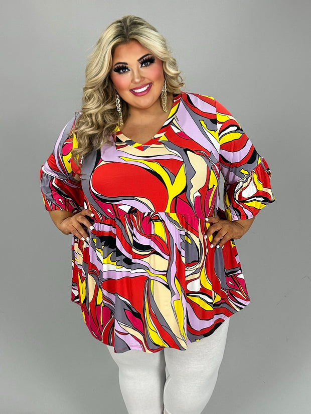70 PSS {Graceful Beauty} Red Abstract Print Babydoll Tunic EXTENDED PLUS SIZE 3X 4X 5X