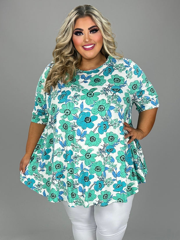 82 PSS {Lush Blooms} Ivory/Mint Floral V-Neck Top EXTENDED PLUS SIZE 3X 4X 5X