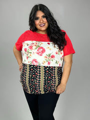 24 CP-O {Peaceful Times} Red Floral Mix Lace Top PLUS SIZE XL 2X 3X