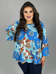 73 PQ {Classy And Comfy} Blue/Brown Floral V-Neck Top EXTENDED PLUS SIZE 3X 4X 5X