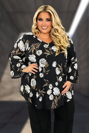 17 PQ {Cooling Down} Black/Ivory Floral V-Neck Top EXTENDED PLUS SIZE 3X 4X 5X