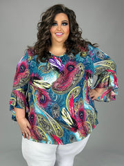 27 PQ {Celebration Time} Teal Peacock Feather Print Top EXTENDED PLUS SIZE 4X 5X 6X