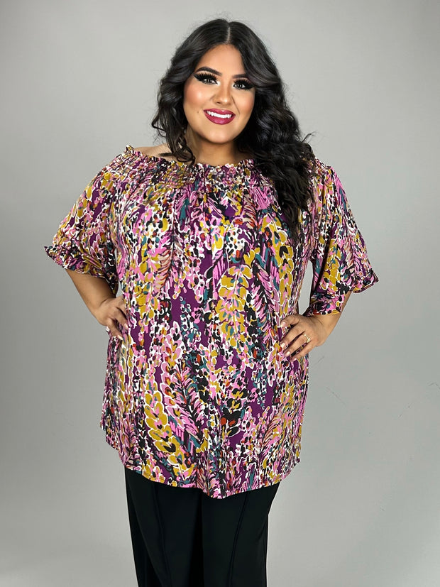 36 OS {Forever Fabulous} Purple Print Off Shoulder Top PLUS SIZE XL 2X 3X