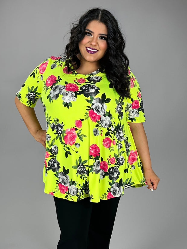 57 PSS {Need To Be Here} Neon Lime Floral V-Neck Top EXTENDED PLUS SIZE 3X 4X 5X