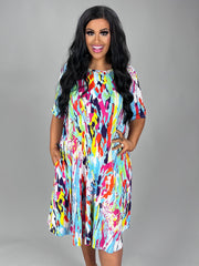 97 PSS-L {Splash Of Color} Multi-Color Printed Dress PLUS SIZE 1X 2X 3X
