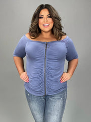 42 OS {What About You} Blue Zip Front Off Shoulder Top PLUS SIZE 1X 2X 3X