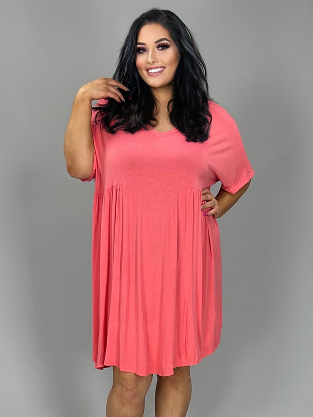28 SSS-A or LD-A {Curvy Hourglass} Coral V-Neck Dress w/Pleated Detailing CURVY BRAND!!!  EXTENDED PLUS SIZE XL 2X 3X 4X 5X 6X {Runs Larger!!!}