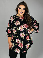 33 PQ {Floral Flair} Black Floral Tunic w/Ruffle Sleeves EXTENDED PLUS SIZE 3X 4X 5X